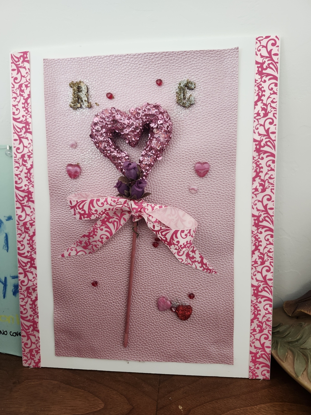 Happy Annivery Pink Sequin Heart Mixed Media Wall Art